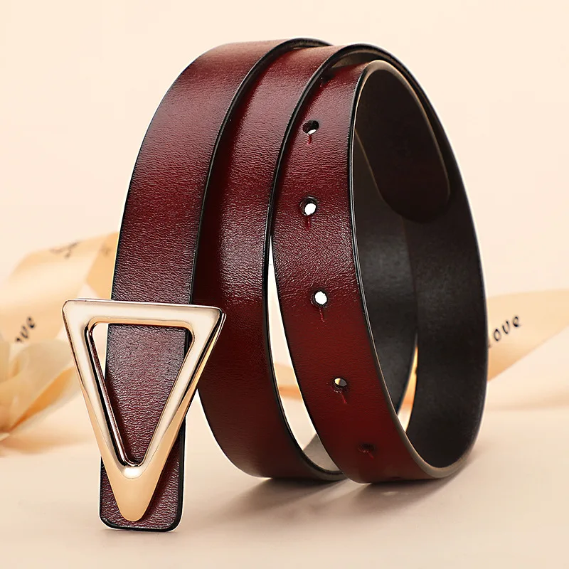 Triangle Button Head Women's Genuine Leather Pure Cowhide Mesh Red Matching Belt with Jeans Decoration Dress Belt