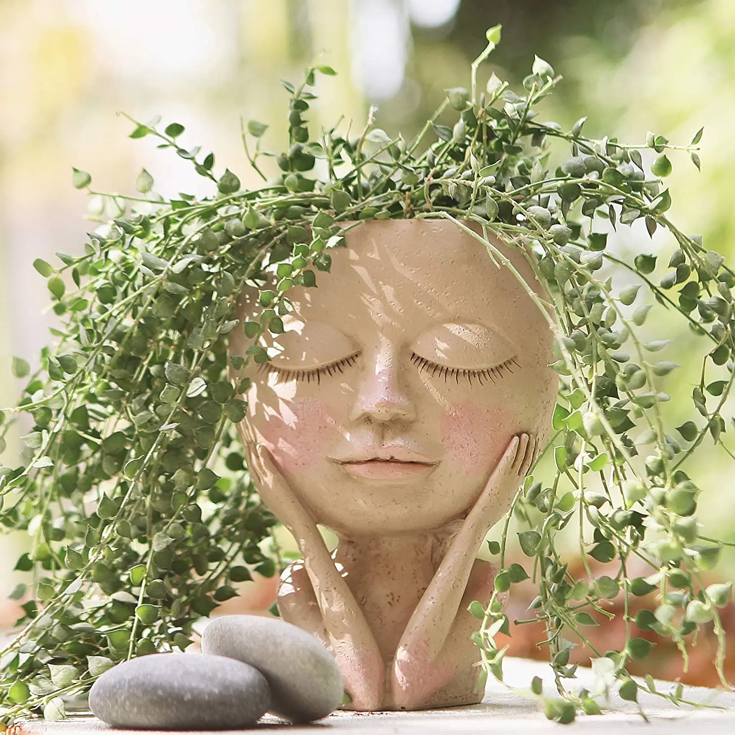 

Face Flower Pot Head Planter Pot Succulent Planter Cute Resin Cactus Planter with Drainage Hole Closed Eyes Flower Pot