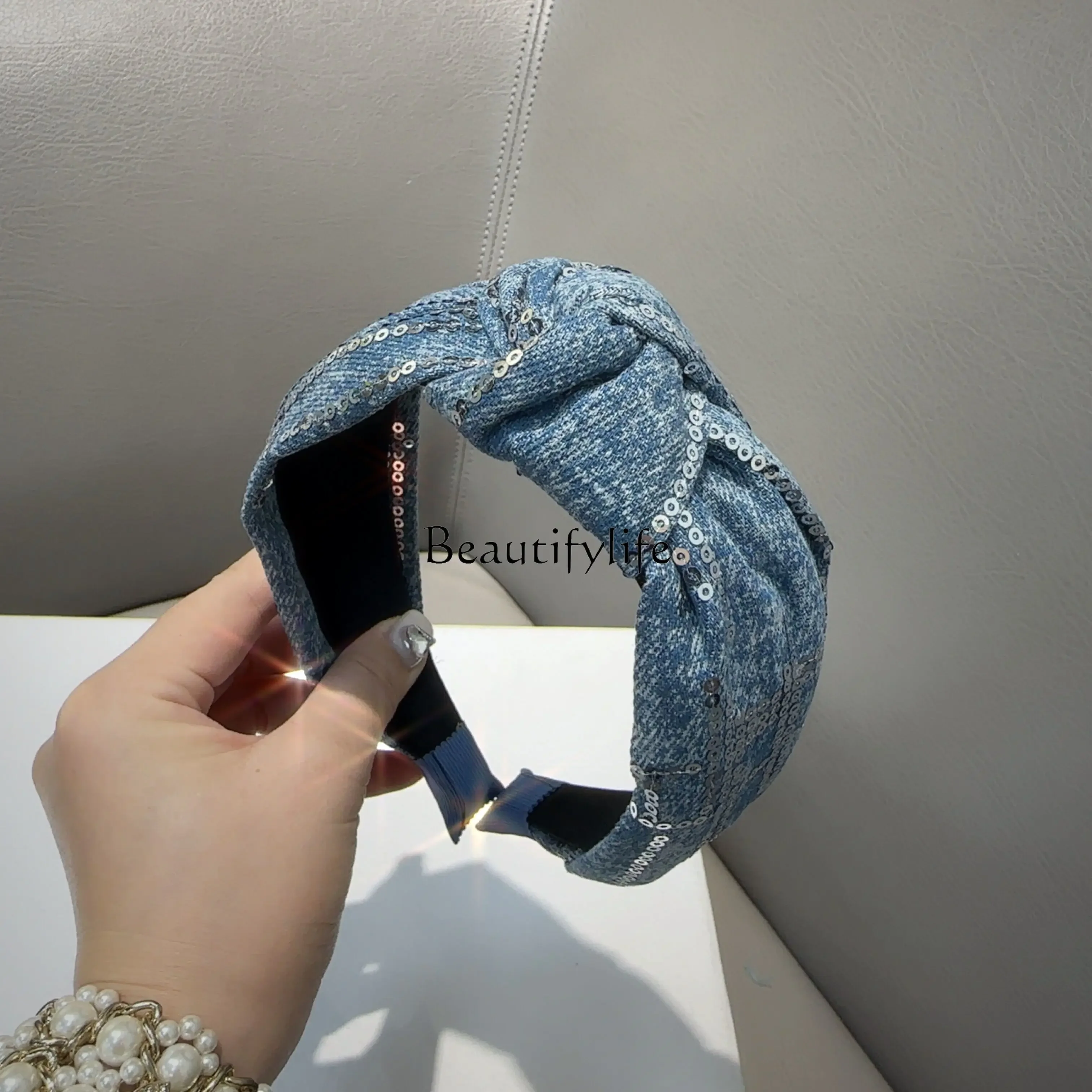 Джинсовая повязка на голову с блестками простые и универсальные аксессуары для