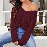 2021 autumn new simple womens pullover casual solid color v neck long sleeved halter strap knitted lazy style sweater women