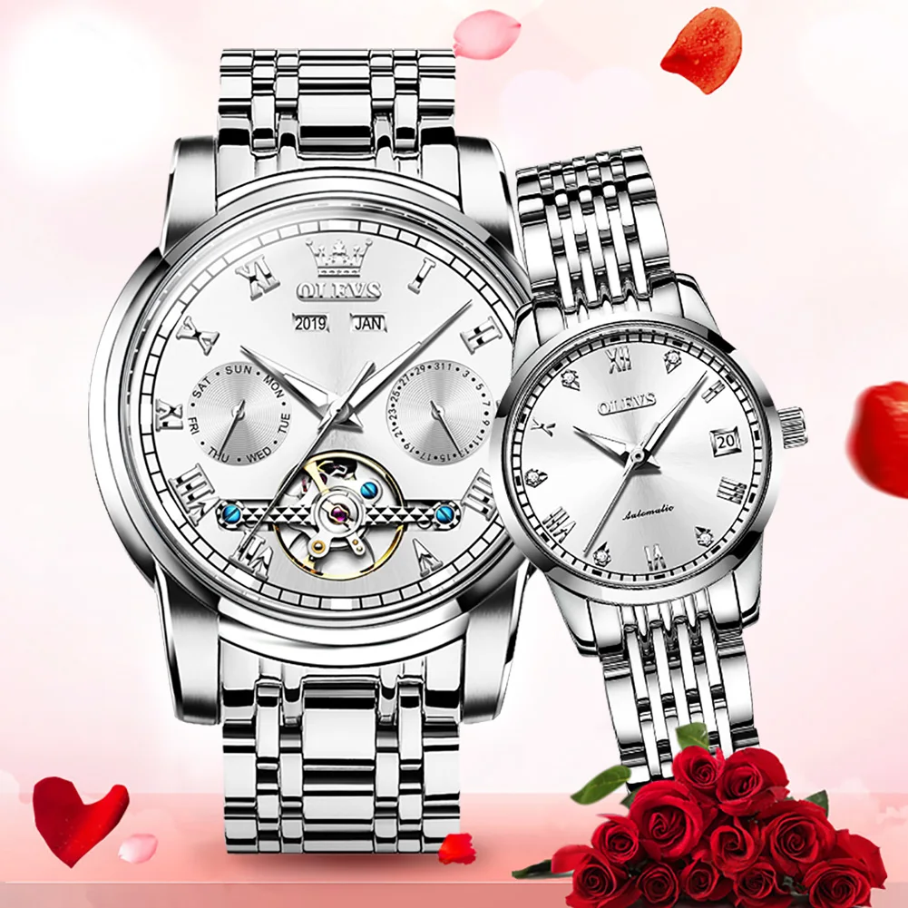 OLEVS New Luxury Couple Watch Automatic Mechanical Wristwatch Fashion Lover Classic Waterproof Watches Lover's Gifts