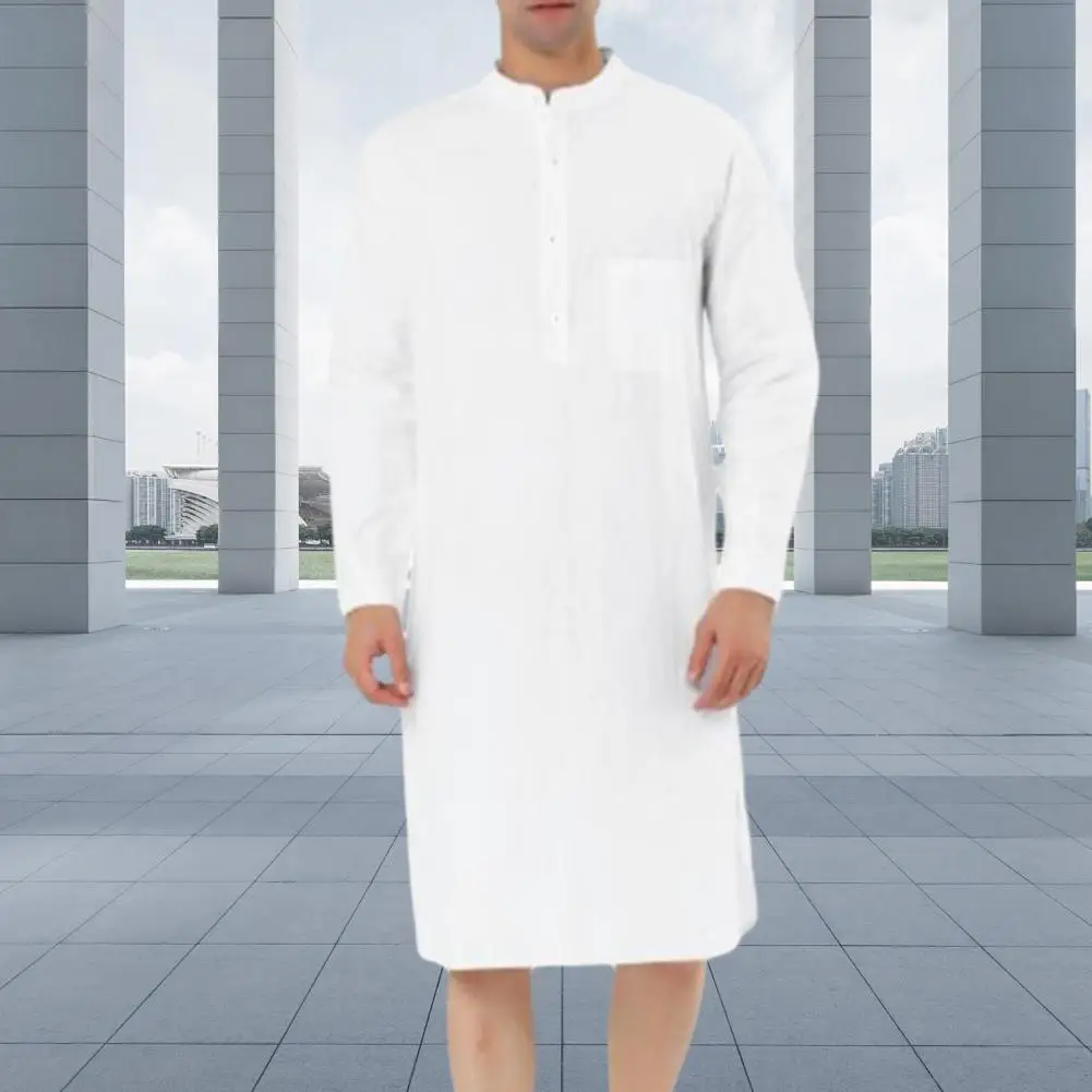 

Men Shirt Robe Stylish Men's Knee Length Shirt Stand Collar Long Sleeve Patch Pocket for Spring Fall Fashion Pure Color Men Robe