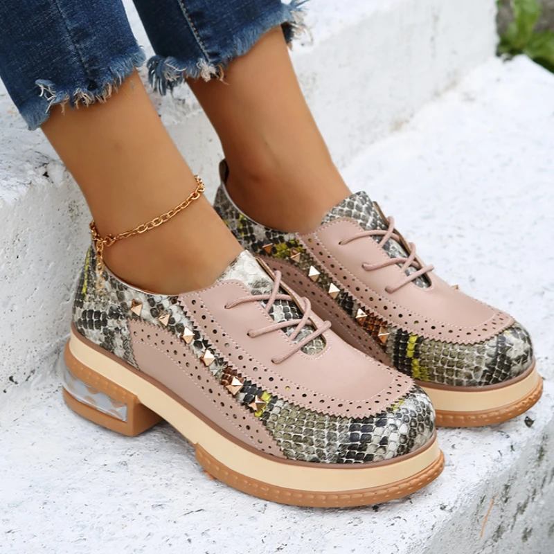 

35~43 Big Size Vintage British Style Oxfords Round Toe Gold Green Pink Lady Lace Up Brogues Loafers Casual Shoes For Women