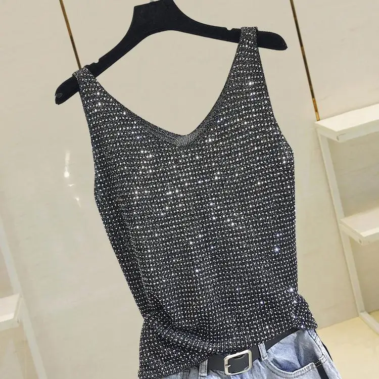 Rhinestone Knit Bottoming Shirt Sleeveless Bright Silk Vest Tops for Women 2022