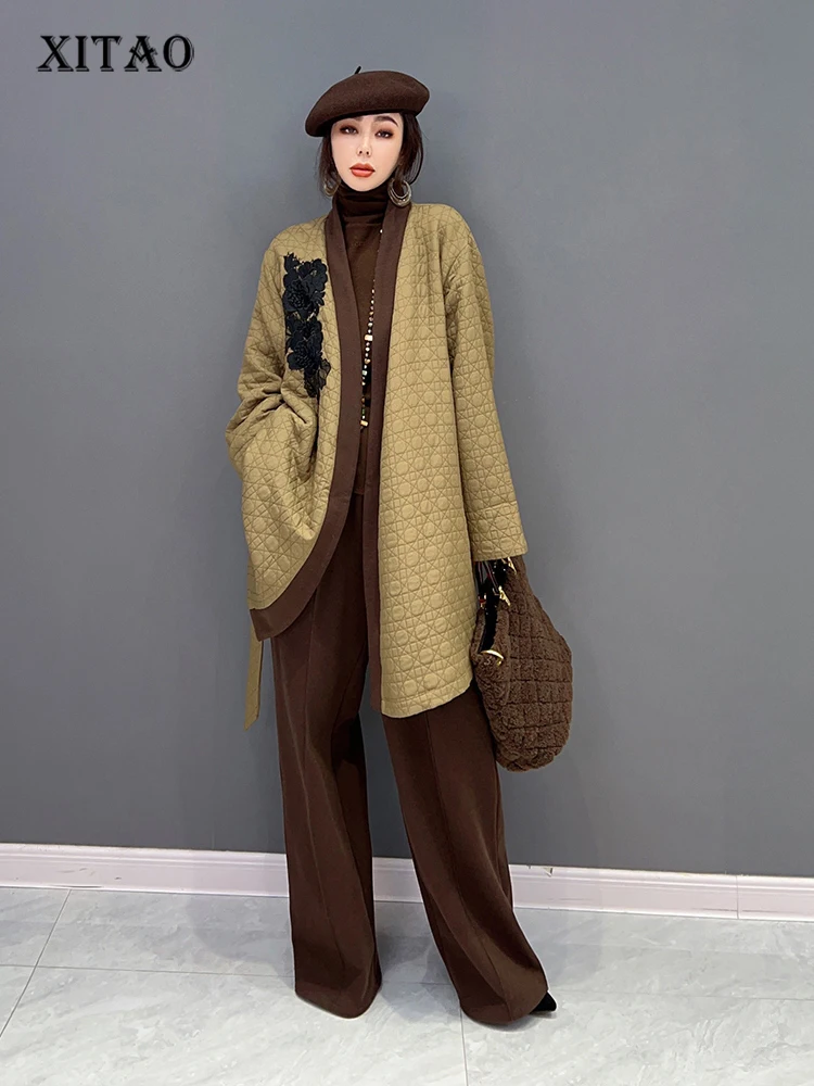 

XITAO Bandage Pant Sets Women Fashion Women Plaid Full Sleeve Patchwork Small Fresh Casual Style Loose 2022 Winter Trench ZY8244