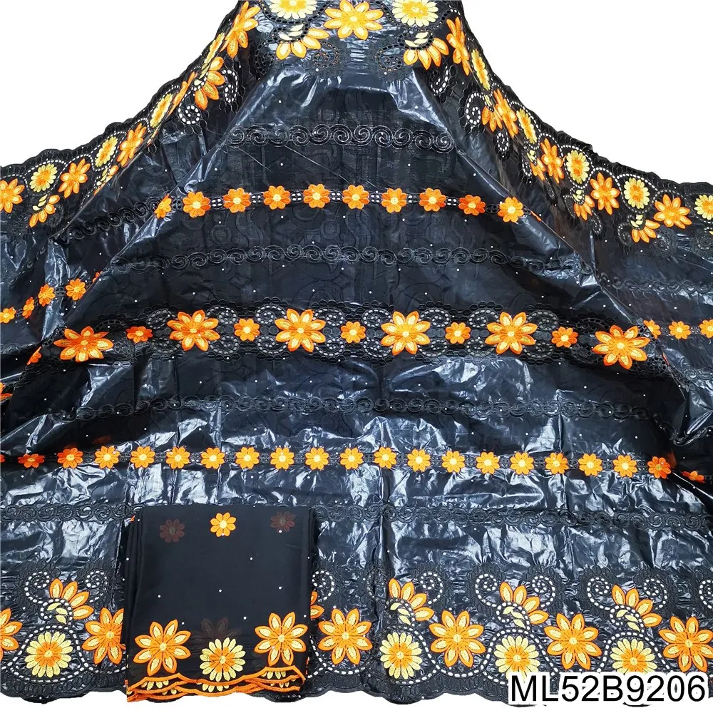 2022 New Black Rich Bazin Fabric 5+2 Yards with Scarf with Embroidery Lace Latest Fashion for Wedding Dress ML52B92