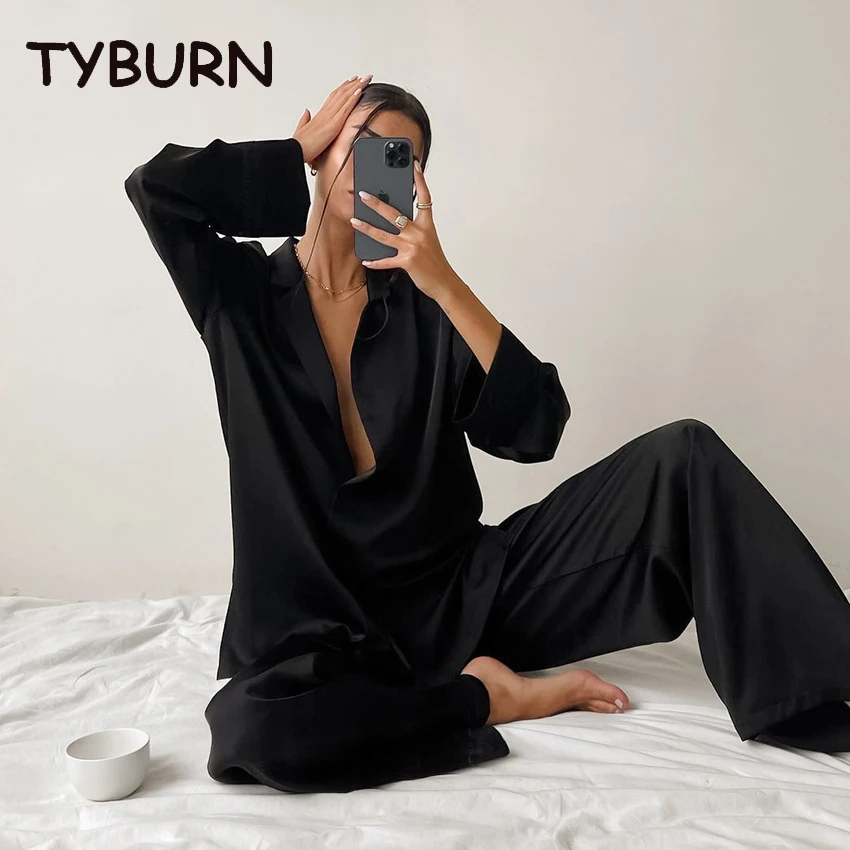 

TYBURN Casual Spring Blue Thin Long Sleeved Women's Simulated Silk Pants Home Clothes Ice Silk Loose 2 Piece Sets Womens Outfits