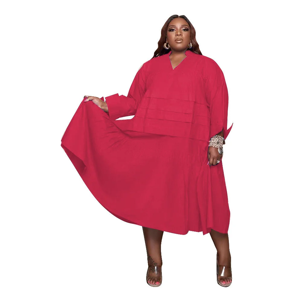 Plus Size New Fall Shirt Dresses for Women Clothes Wholesale Casual Loose Big Hem v Neck Fold Maxi Dress Stre 3xl 4xl 5xl 6xl