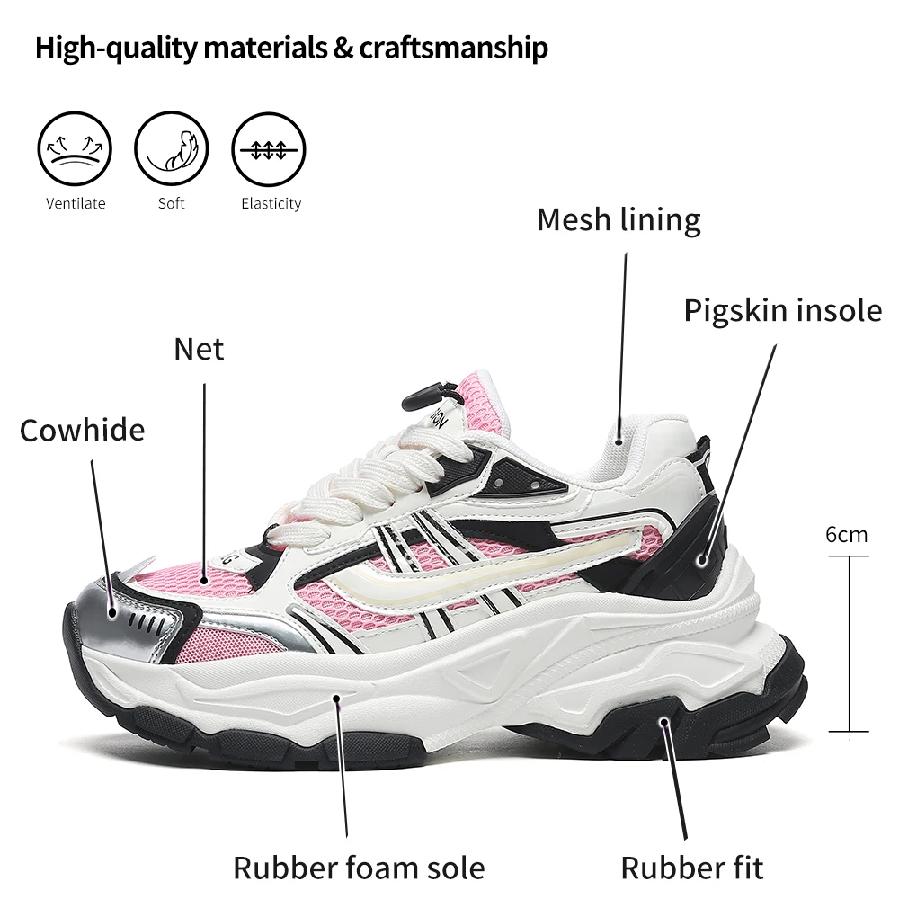 SOMILISS Women Platform Chunky Sneakers Genuine Leather Mesh Pachwork Breathable Fashion Lady Lace-Up Summer Spring Causal Shoes