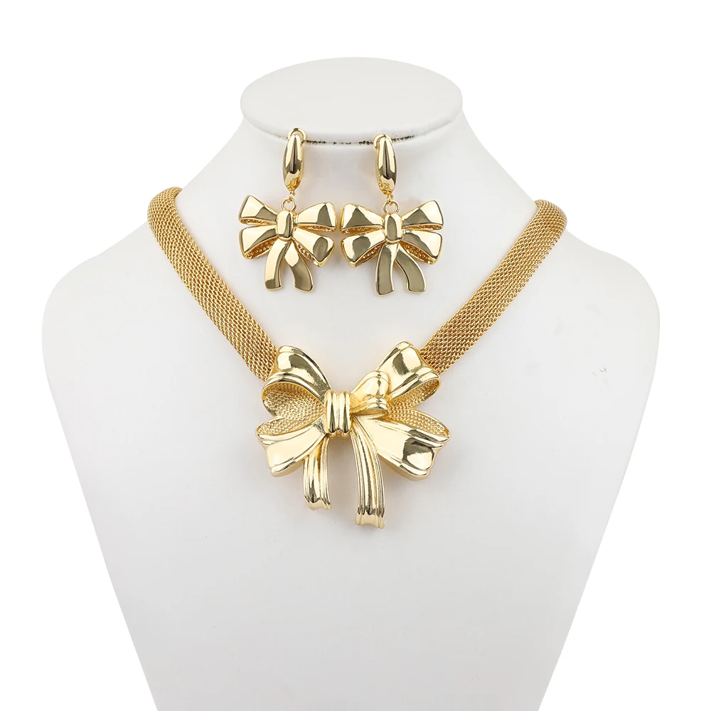 

Nigeria Bow Shaped Pendant Wide Necklace Earrings Charming Wedding Set Daily Matching Anniversary Party Gift Free Shipping