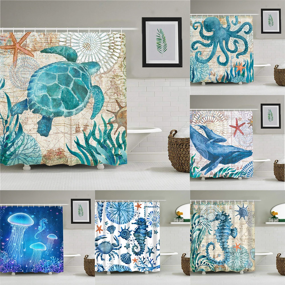 

Sea Animals Octopus Seahorse Jellyfish Turtle Print Shower Curtain Bathroom Curtains Waterproof Polyester Bathroom Curtain Hooks