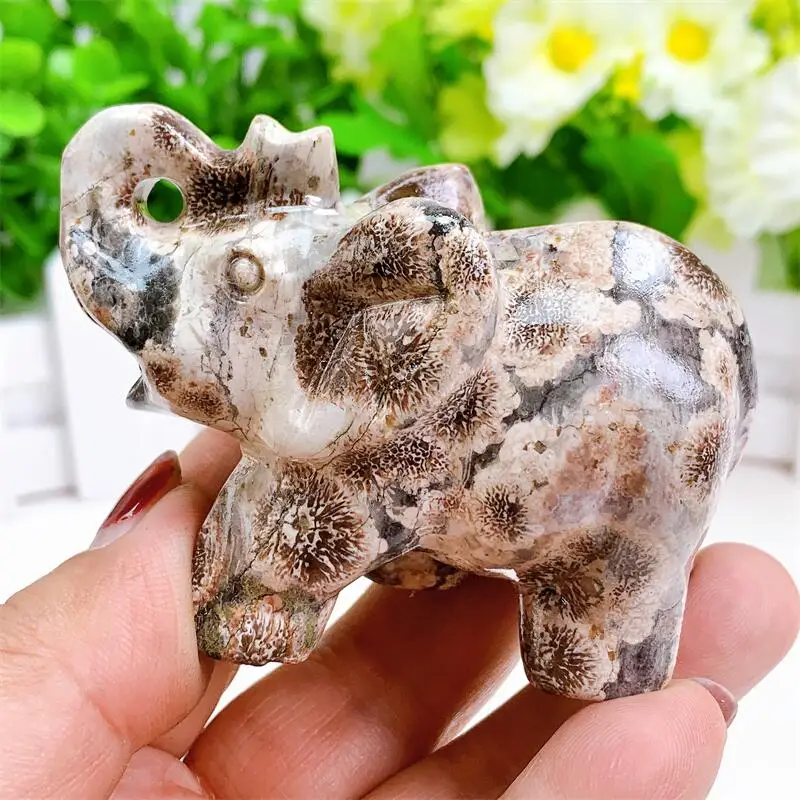 Натуральный зеленый цветок Сакура кварц слон резьба ручная полировка животные