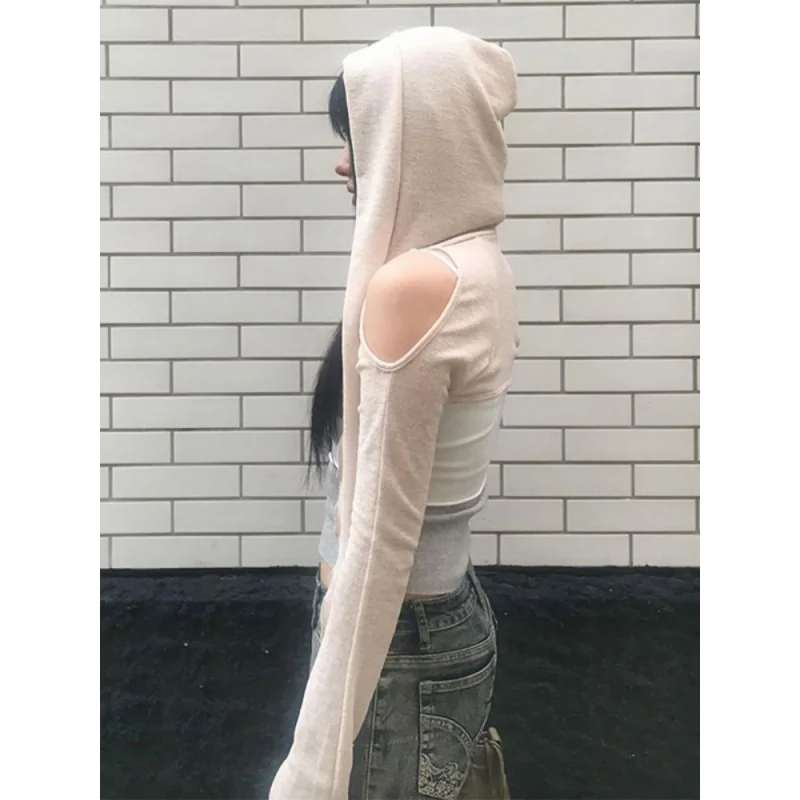 

2023 Long Sleeve Hooded T-shirts Off Shoulder Sexy Harajuku Tshirts Women Y2k Aesthetic Streetwear Crop Top Thin Cardigan