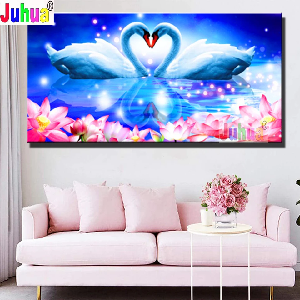 

Алмазная 5d картина «сделай сам», вышивка крестиком из страз, лебедь, любовь, луна, озеро, лотос, романтический свадебный Декор, новый подарок