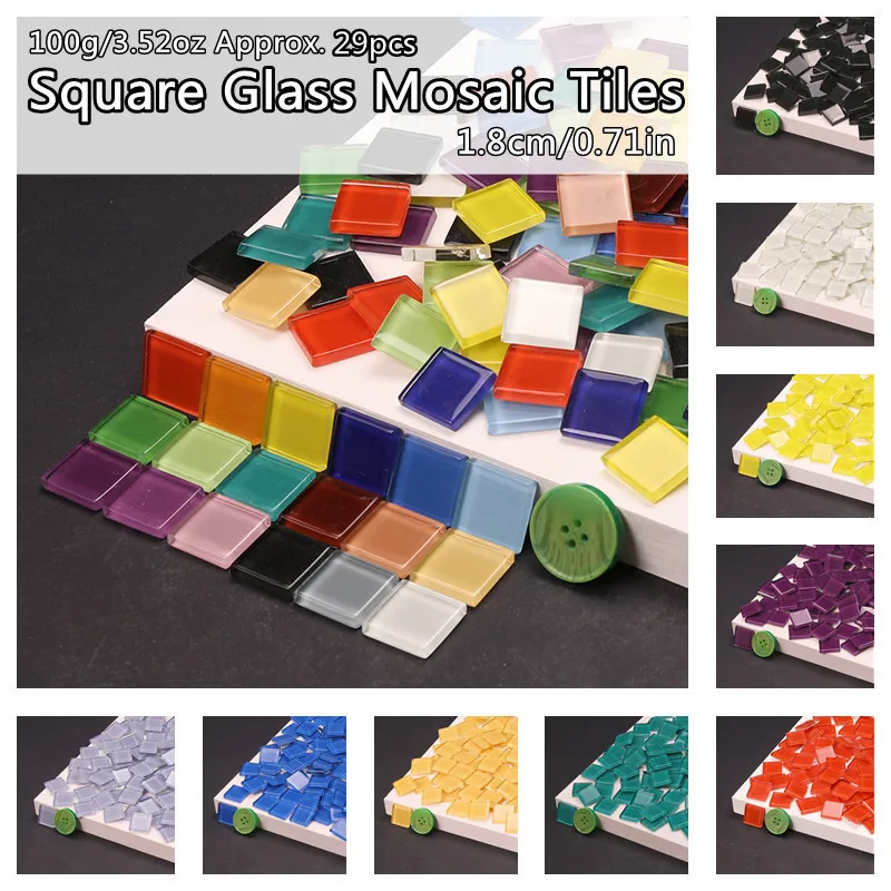100g/3.52oz(Approx. 29pcs) 1.8cm/0.71in Square Glass Mosaic Tiles 4mm/0.16in Thickness DIY Craft Tile Mosaic Making Materials
