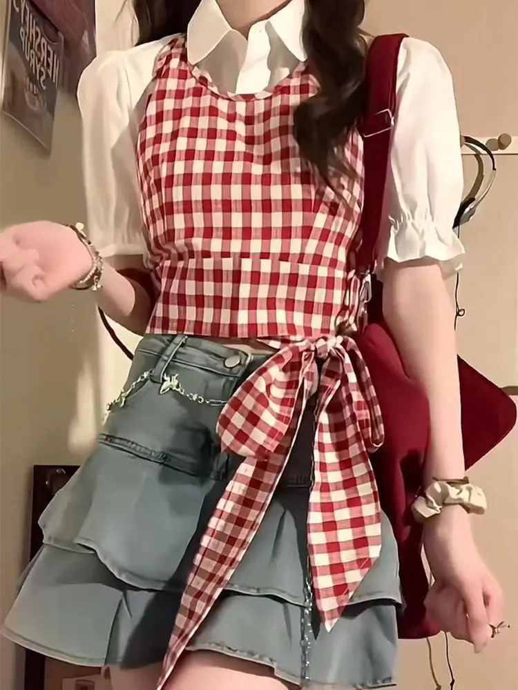 Корейский хип-хоп Красный Клетчатый жилет с бантом на шее 2024 Женская Летняя