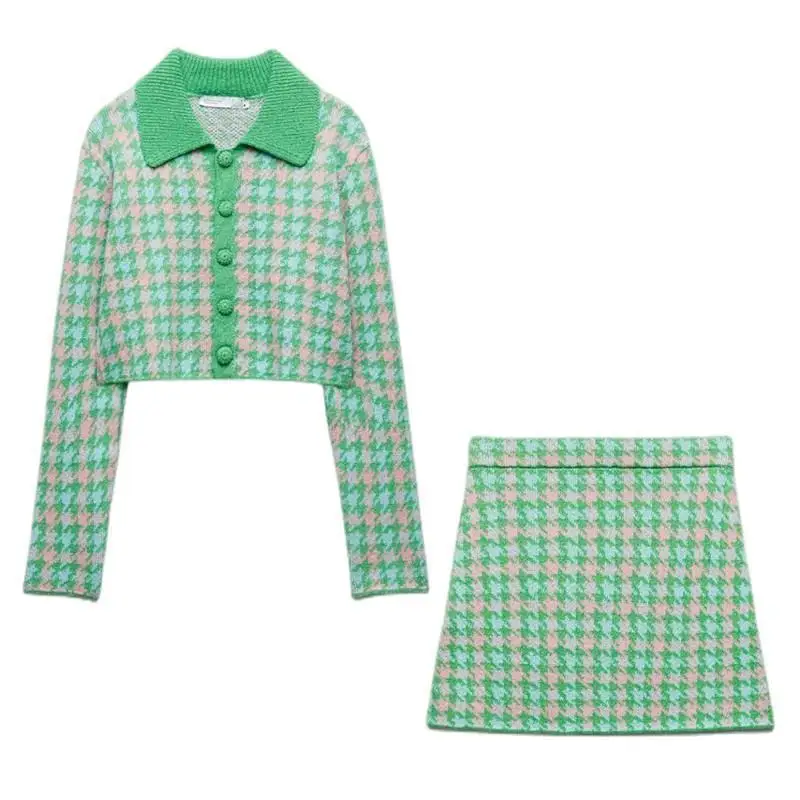 

Early Autumn New Women's Houndstooth Knitted Cardigan Coat Skirt