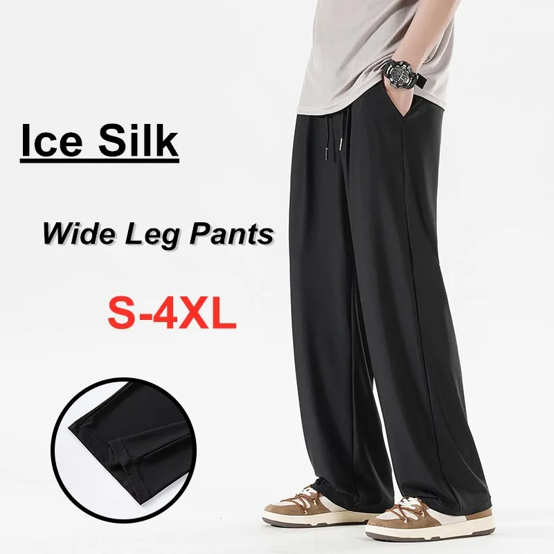 

4XL Ice Silk Loose Wide Leg Pants Men Spring Summer Breathable Thin Quick Drying Trousers Plus Size Elastic Sports Casual Pants
