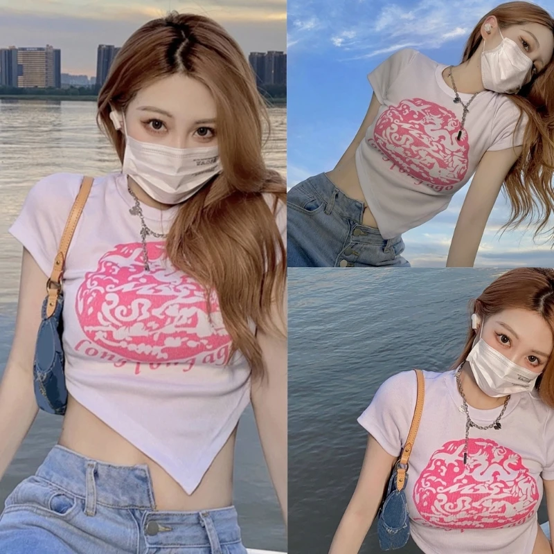 

Women Sexy Crop Top Short Sleeve Round Neck Graphic Print Summer T-Shirt