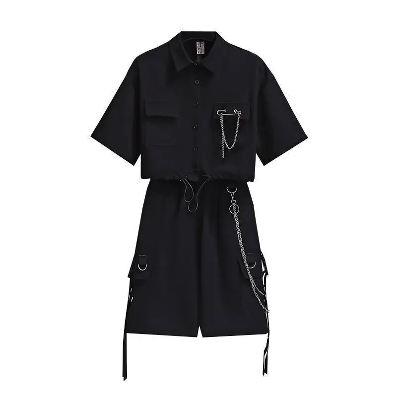 

Summer Girls' Clothes Suits Black Casual Short Shirt + Overalls + Tie 3pcs Girl Set Teens Children Clothing Suits School Outfit