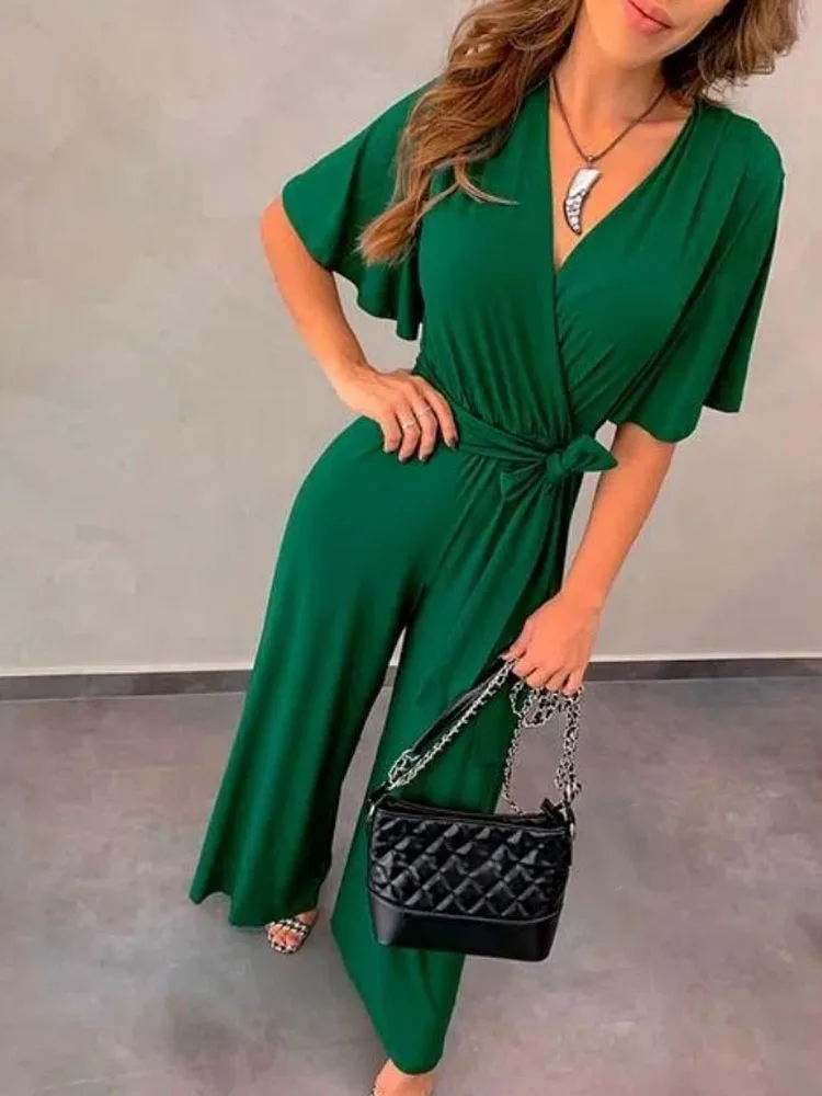

Elegant Wrap V Neck Draped Jumpsuit Women Spring Solid Wide Leg Pants Straight Playsuit Summer Short Sleeve Belted Office Romper