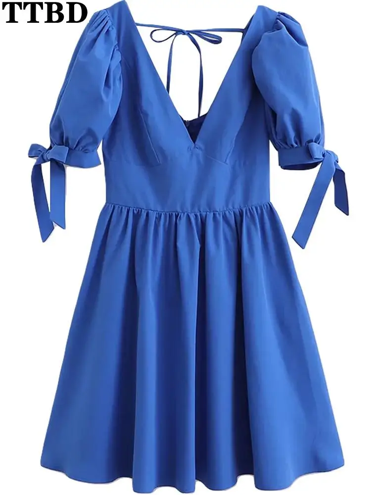 

TTBD vestidos elegantes para mujer 2022 fashion french with tied pleated mini dress vintage lantern sleeve female dresses