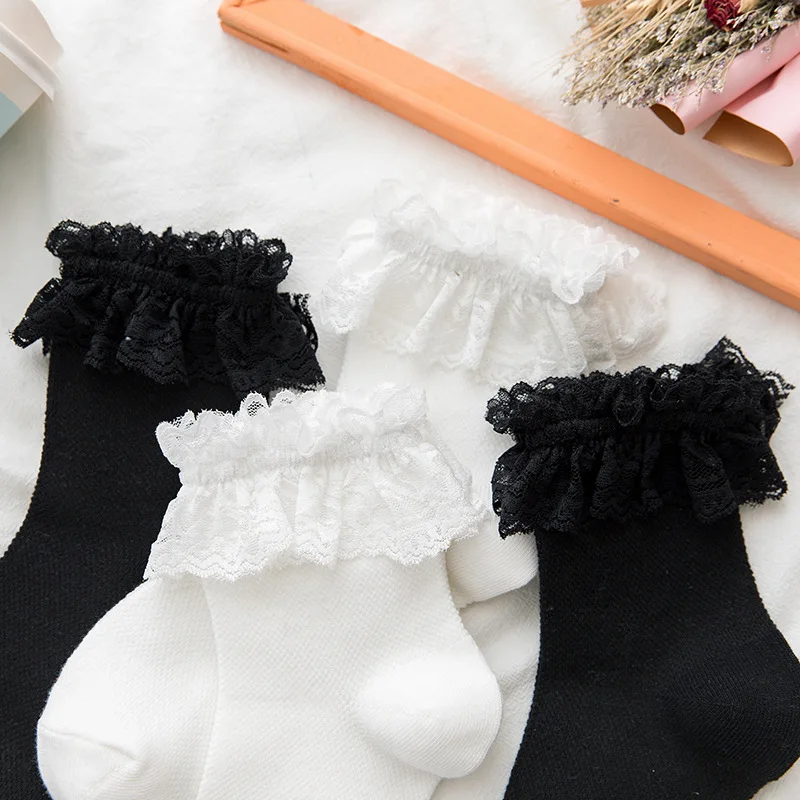

Женские носки в стиле "Лолита", черные, белые носки с оборками, сетчатые тонкие кружевные милые женские носки в японском стиле