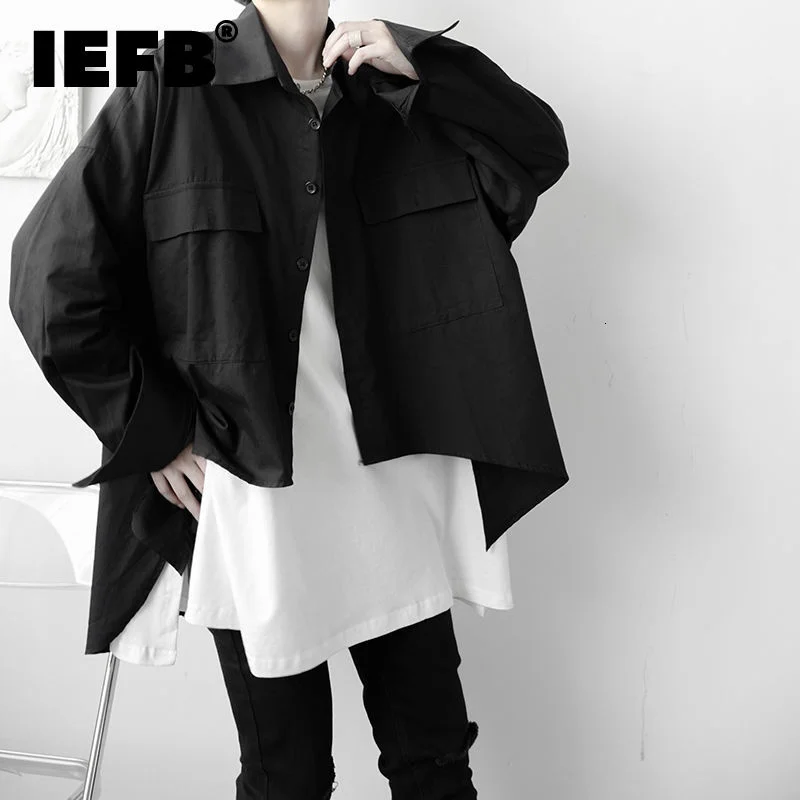 Мужская свободная рубашка с длинным рукавом повседневная однотонная черная