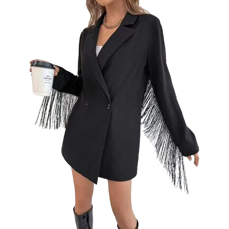 

Long Blazer Women Full Sleeve With Tassel Notched Neck Jacket 2022 Fashion Elegant New Solid Streetwear Straight Blazers Outwear