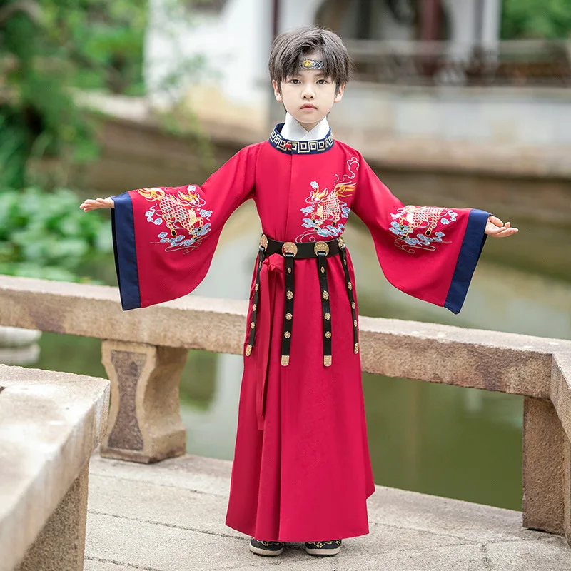 

Chinese Style Traditional Costume Hanfu Boy Tang Dynasty Ancient Suit Round Neck Robe Embroidered Handsome Knight Mythical Beast