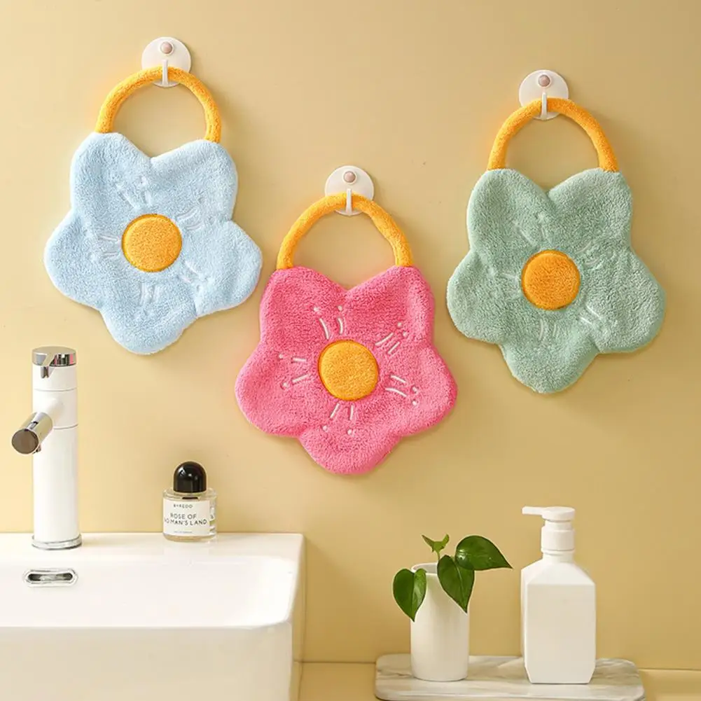 

Hand Towel with Lanyard Super Absorbent Coral Fleece Cute Flower Appearance Hanging Hands Towel for Home