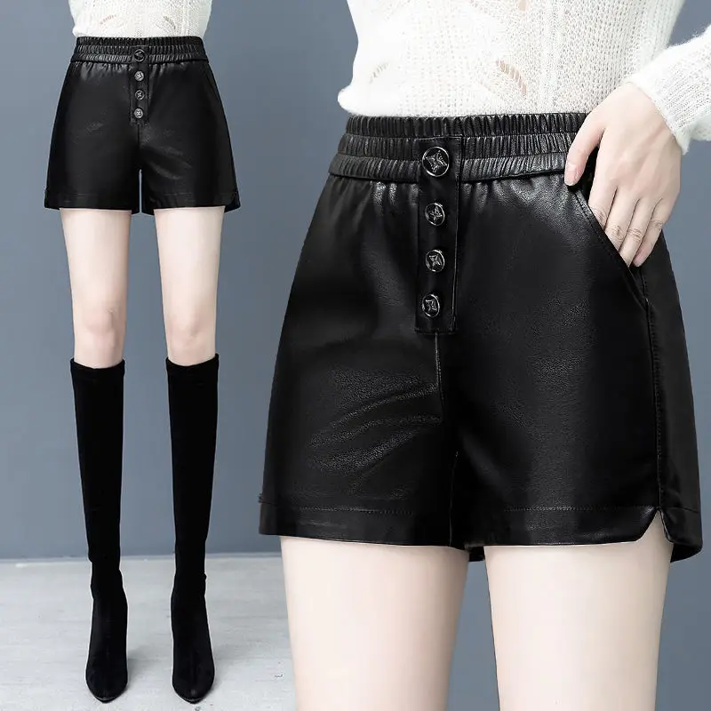 

Кожаные шорты с эластичным поясом, новинка, осенне-зимние прямые однобортные ботинки свободного кроя с высокой талией, стройнящие, Осень-зима