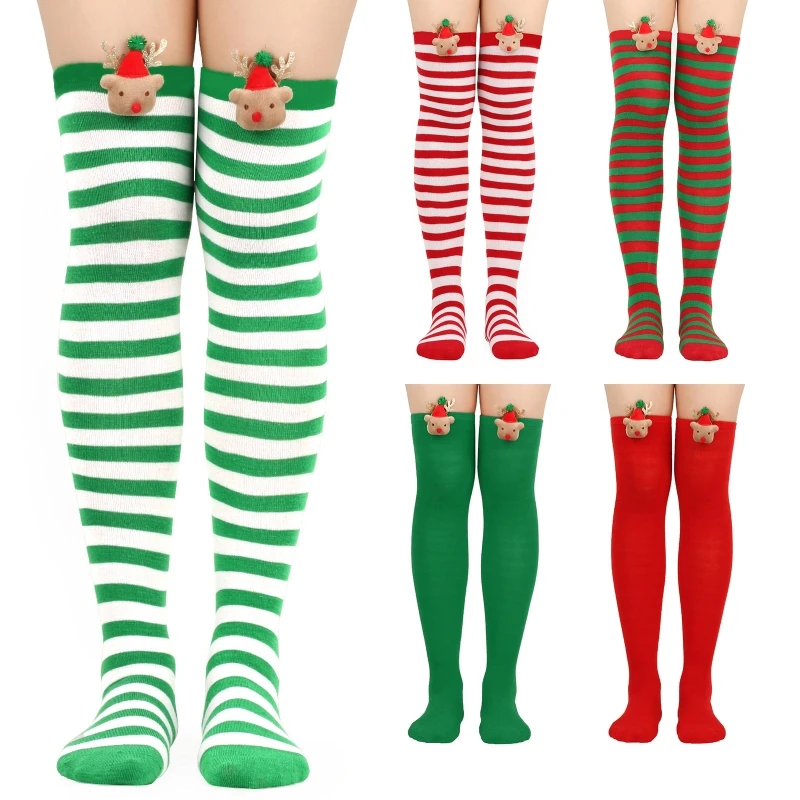 

Женские длинные носки выше колена в полоску с мультяшным 3D оленем, высокие чулки на Рождество, косплей костюм, чулочно-носочные изделия 37JB
