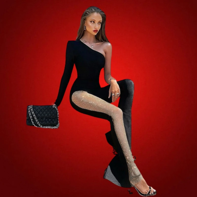 

New Style Pants Sexy Hot Girl Mesh Drill Hollow One Shoulder Long Sleeve All-In-One Pants