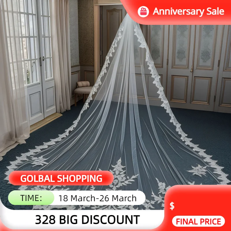 Роскошная свадебная фата V151 для невесты 1 яруса Кружевная аппликация с зубчатыми