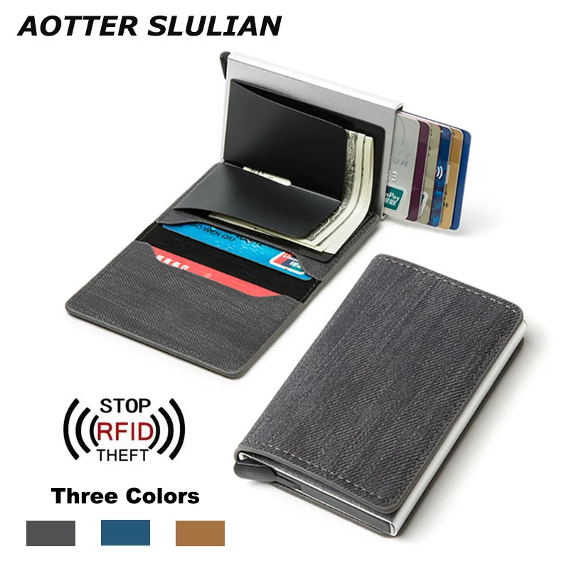 

Automatic Leightweight 2023 Blocking Men's ID Credit Holder Denim Fabric Solid Color Bank Card Mini Slim Wallet Pocket For Women