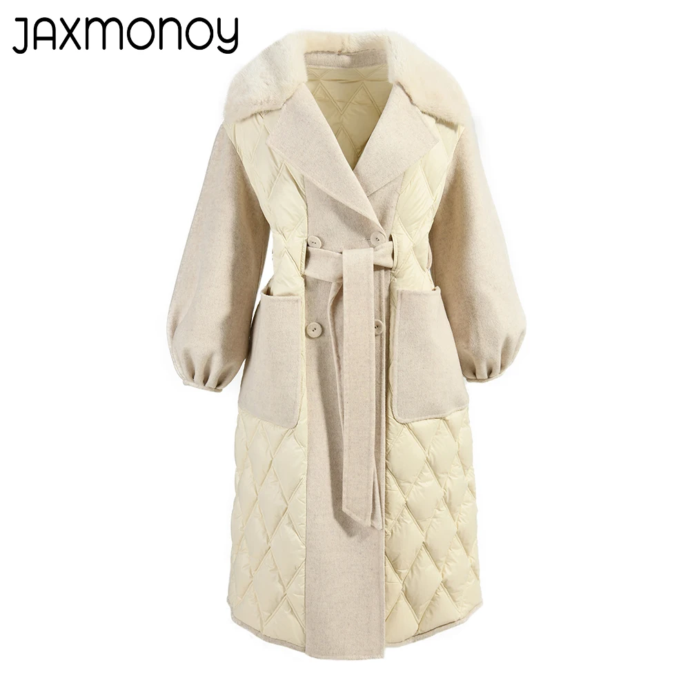 

Jaxmonoy Women Long Style Down Coat 2022 Autumn Winter Real Mink Fur Collar Trench Double Face Cashmere Patchwork Down Outerwear