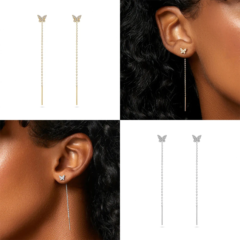 CANNER 925 Sterling Silver Trend Long Wire Tassel Chain Bling Zircon Pendants Drop Earrings Women's Hanging Earings Jewelry 2pc images - 6