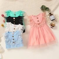 toddler kids baby girls sweet dress lace trim solid color ribbed summer round neck sleeveless layered mesh tulle dresses