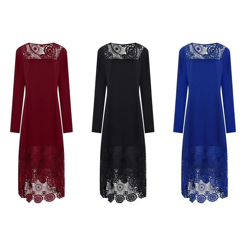 

Women Plus Size Lace Trim Splicing Long Sleeve Midi Swing Dress Round Neck Solid Color A-Line Pleated Asymmetrical Hem Evening