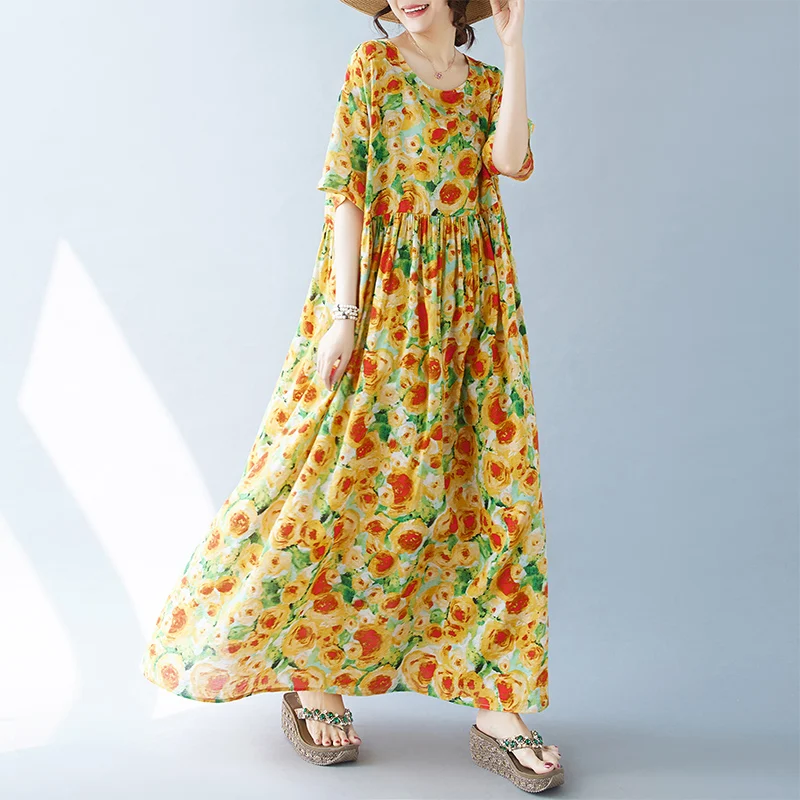 Простое модное богемное длинное платье новое летнее хлопковое большого размера