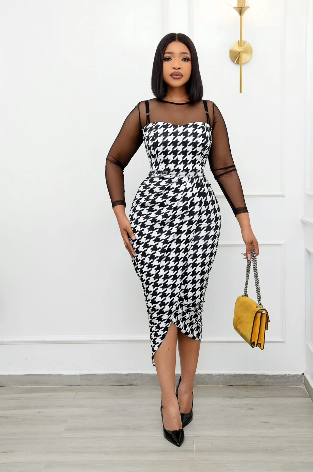 

Summer Houndstooth Print Dress Women Office Lady Fashion Sexy Mesh Stitching Houndstooth Print Irregular Dress Women