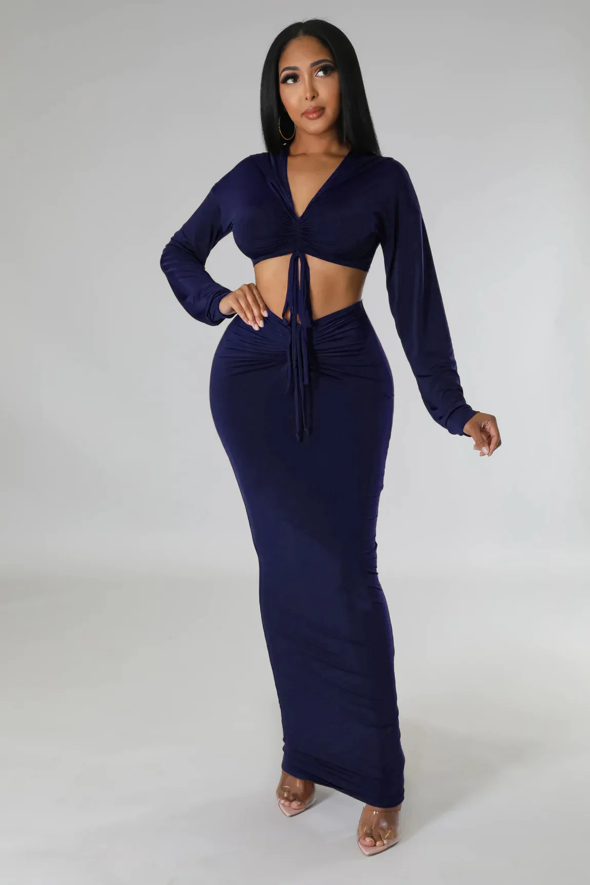 

Женские облегающие костюмы из двух предметов, привлекательный укороченный Топ с длинным рукавом и юбка-карандаш макси, комплект