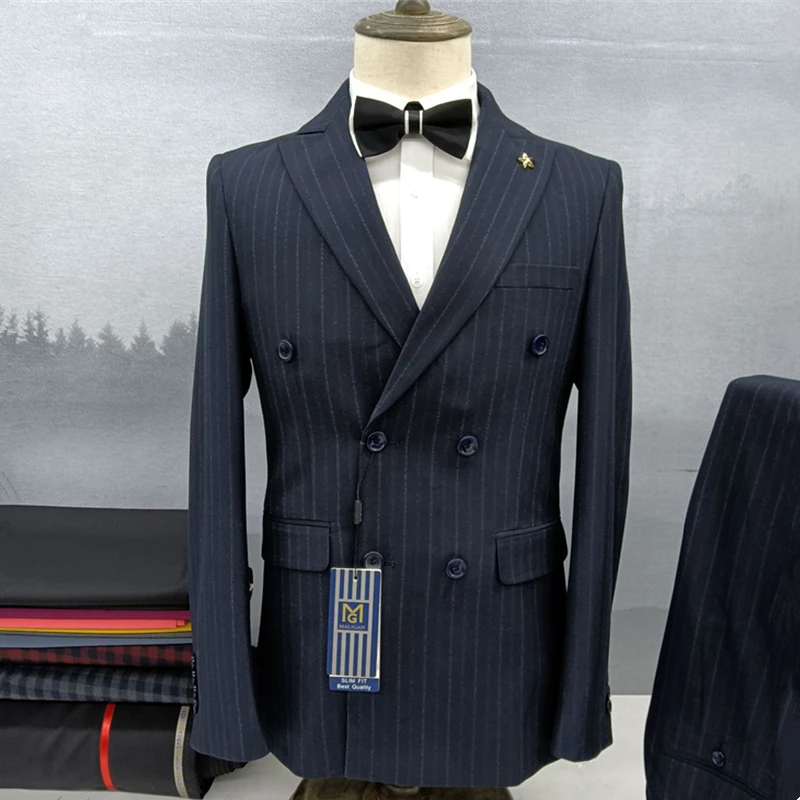 

2 Pcs Set Blazers Jacket Pants / 2022 Fashion New Men Casual Boutique Business Vertical Stripe Wedding Suit Dress Coat Trousers