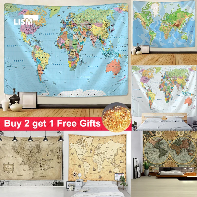 

World Map Tapestry High-Definition Map Fabric Wall Hanging Decor Watercolor Map Letter Polyester Table Cover Yoga Beach Towel