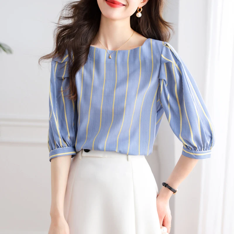 

Blusa Mujer Moda 2023 Summer Casual O Neck Striped Chiffon Blouses Women Fashion Tops Short Sleeve Shirts Korean Woman Clothes