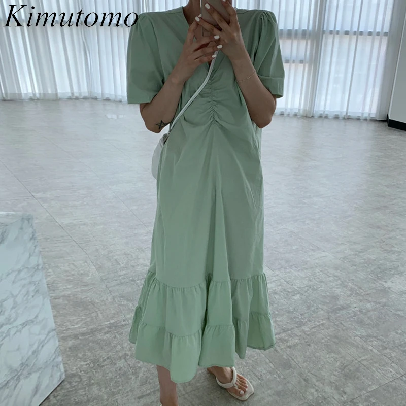 

Шикарное женское платье Kimutomo, новинка весны 2022, элегантное однотонное платье с V-образным вырезом, свободное платье с короткими рукавами и о...
