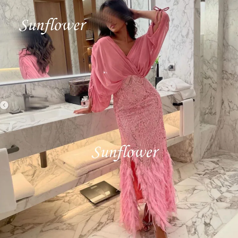 

Sunflower V-Neck Prom Gowns Long Sleeve Mermaid Evening Dress Side Split Appliques Feathers Party Dress 2023 High-end Custom