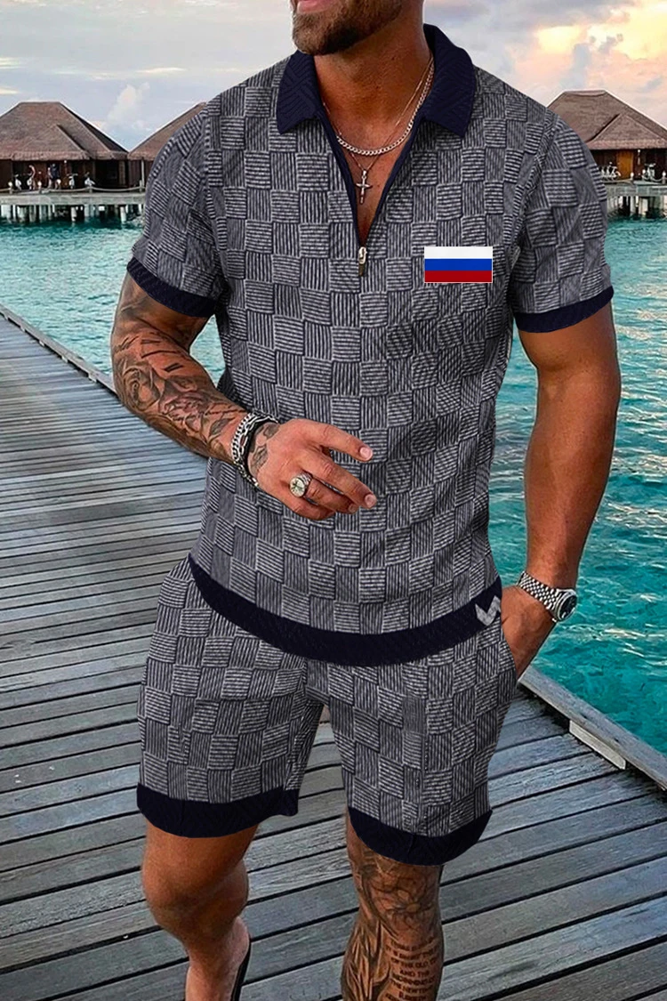 

2022 European and American Men's New Casual POLO Zipper Lapel Shirt Short-sleeved Suit Short-sleeved + Shorts Fashion Clothing