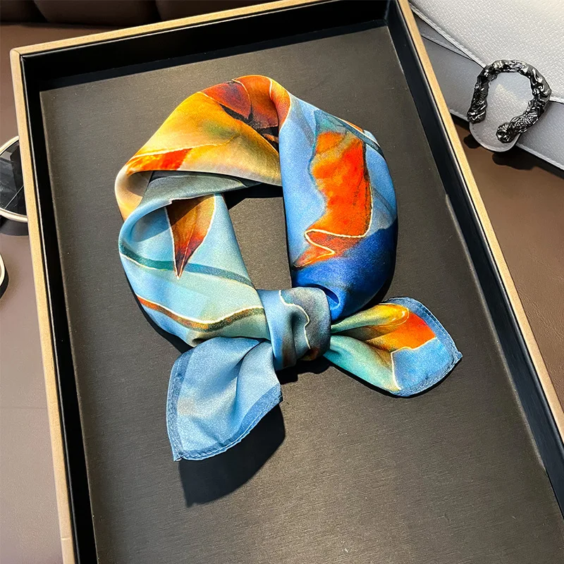 Модный Шелковый атласный шарф 100% Женский носовой платок с принтом сумки шарфы